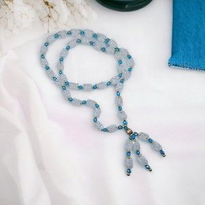 Tassel Necklace Vintage Beads Clear Aurora Borealis Blue Gold Tone Accent Lariat